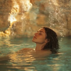 A young woman relaxes in a natural thermal waters bath, surrounded by serene and soothing natural settings.