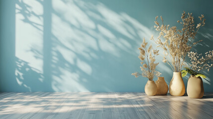 Wall Mural - A light blue wall serves as a backdrop for three minimalist vases filled with dried flowers, casting soft shadows on the wooden floor