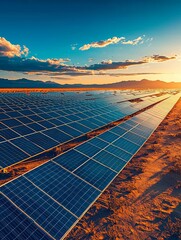 Wall Mural - A vast solar farm captures sunlight, with rows of panels glinting under a vibrant sunset, showcasing renewable energy's potential in a serene landscape.