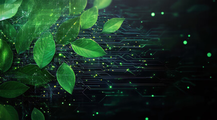 Poster - This image blends lush green leaves with intricate circuit patterns, symbolizing the harmony between nature and technology.