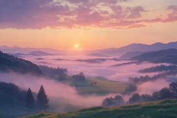 Wall Mural - Serene Sunrise Over Misty Mountain Valley Landscape