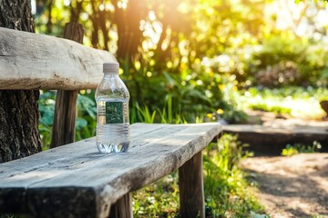 Wall Mural - Clear bottle rests on rustic bench surrounded by lush greenery a