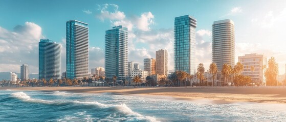 Tall office towers near sandy beaches. The buildings have a modern design with glass, background wallpaper AI generated image