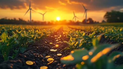 Poster - Golden sunlight shines on a lush field during sunset, highlighting green crops and creating a picturesque view with distant wind turbines silhouetted against the colorful sky.