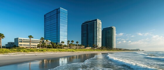 Tall office towers near sandy beaches. The buildings have a modern design with glass, background wallpaper AI generated image