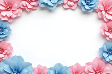 Wall Mural - Pink and blue crepe paper petals forming a border with a white center. Concept: elegant gender reveal decor, minimal style