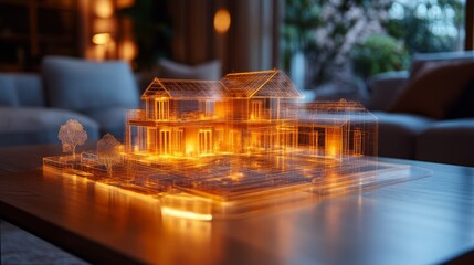 Poster - A 3D architectural model glows in warm hues on a wooden table inside a contemporary living room filled with natural light. The detailed design showcases a house with outdoor elements.