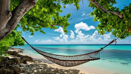 Poster - Relaxing hammock on a beautiful beach under a clear blue sky with calm waves and lush greenery