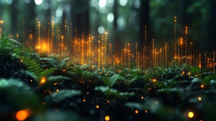 Leinwandbilder - Glowing particles rise from the forest floor, surrounded by ferns and dark earth. The enchanting light captures the serene beauty of nature at dusk, evoking a mystical atmosphere.