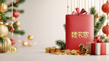 Poster - Auspicious 3D cartoon animation of a red envelope angpao with intricate golden Chinese characters and decorative patterns surrounded by shimmering gold coins and glowing lanterns