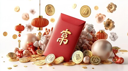 Poster - Festive 3D cartoon animation of a red envelope angpao with golden Chinese characters and decorative patterns surrounded by gold coins and glowing lanterns isolated on a white background