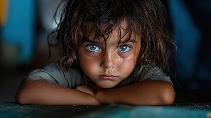 A child with strikingly blue eyes rests their head on folded arms, their face illuminated by natural light, conveying a sense of curiosity and introspection.