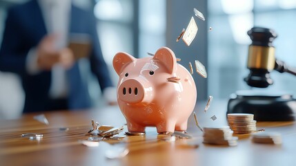 bankruptcy insolvency law. A piggy bank sits on a table with coins scattered around, symbolizing savings and finance, alongside a gavel, suggesting a legal or financial context.