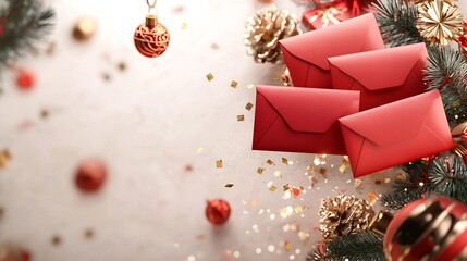 Poster - A 3D cartoon animation of several vibrant red envelopes floating in mid air surrounded by golden sparkles and traditional Chinese decorative elements on a clean white background