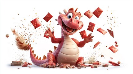 Poster - Playful 3D Cartoon Animation of a Red Dragon Joyfully Tossing Multiple Red Envelopes into the Air Surrounded by Festive and Glittering Golden Sparkles on a White Background