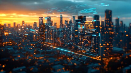 Aufkleber - A stunning urban skyline glows under a vibrant sunset, showcasing tall skyscrapers. Digital interfaces display data and graphs, blending technology with the cityscape in a modern setting.