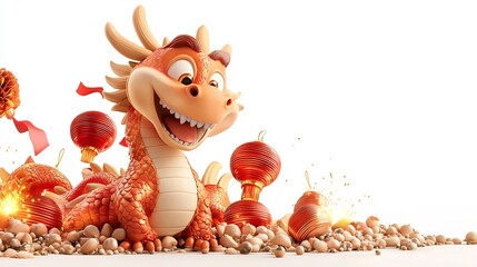 Poster - A cheerful 3D cartoon animation of a smiling dragon character surrounded by rows of glowing red lanterns firecrackers and celebratory banners