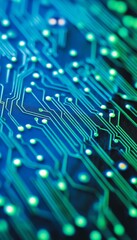 Poster - Abstract Technology Background, Digital Circuit Patterns in Blue and Green Hues, Blurred Tech Vibes