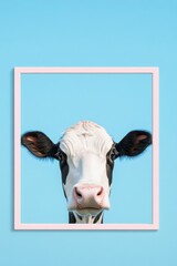 Poster - Minimalist Cow Portrait on Blue Background with White Frame