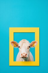 Poster - Minimalist Cow Portrait in Bright Frame Against Blue Background