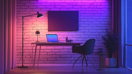 Poster - Neon Lit Modern Workspace Featuring Brick Wall And Laptop