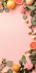 Poster - Elegant Pink Eucalyptus and Fruit Flat Lay - Minimalist Nature Border Template