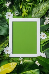 Poster - Fresh Green Floral Composition with White Frame, Leafy Background, Spring Flat Lay