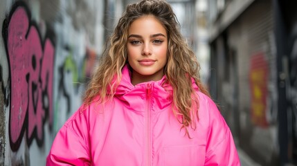 A young woman with a bright smile and wavy hair wears a pink jacket, standing in a graffiti-filled alleyway, radiating positivity and contemporary street fashion.