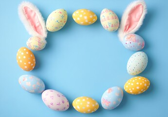 Wall Mural - Easter-themed frame with colorful eggs and bunny ears on a blue background, a flat-lay banner for Easter celebration, with a copy space concept, in pastel colors,