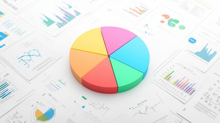 Poster - a colorful pie chart displayed prominently on a desk cluttered with various analytical reports and g