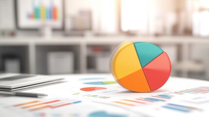 Poster - A colorful pie chart model on a desk, surrounded by financial reports and analytics in a bright office setting.