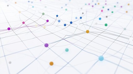 Poster - Abstract geometric network with colorful dots on a light background, creating a sense of connectivity and motion.