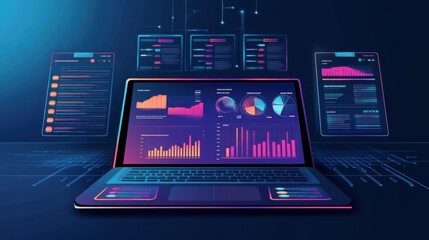 Poster - futuristic data analytics interface displayed on a laptop screen, showcasing vibrant graphs and char
