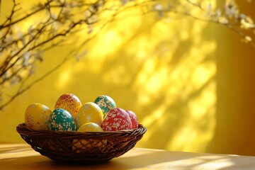 Wall Mural - Easter concept, Easter eggs in a basket on a table against a yellow background with copy space, Easter celebration concept.