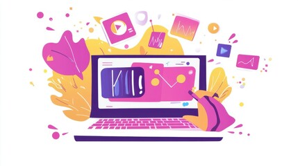 Poster - Colorful digital illustration of a laptop with graphic design elements, depicting creativity and innovation.