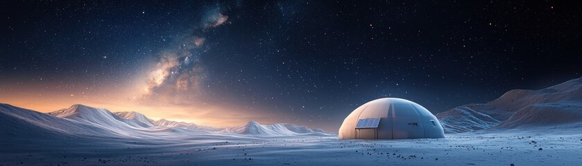 Wall Mural - A serene alien landscape featuring a dome structure under a starry sky, illuminated by a distant galaxy and gentle light.