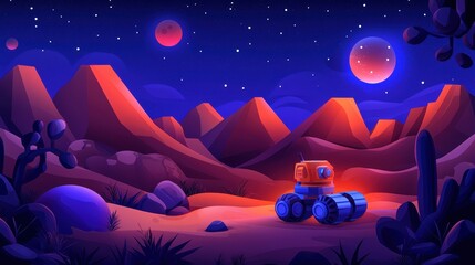 Wall Mural - A colorful, cartoonish landscape featuring a robotic vehicle exploring a vibrant alien terrain under a starry sky with two planets visible.