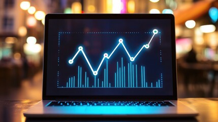 Poster - a laptop displaying a glowing data graph against a blurred urban background, suggesting analysis and