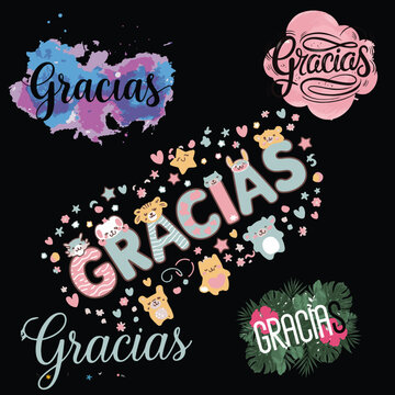 Gracias typography lettering set or bundle vector illustration, Thank you in Spanish ( Mexican ) language, Hand drawn or handwritten calligraphy  sign  colorful watercolor appreciation card. print