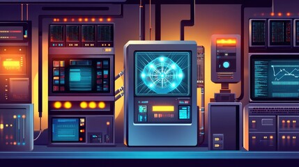 Aufkleber - Futuristic control room with vibrant screens and glowing interfaces, showcasing a high-tech atmosphere.
