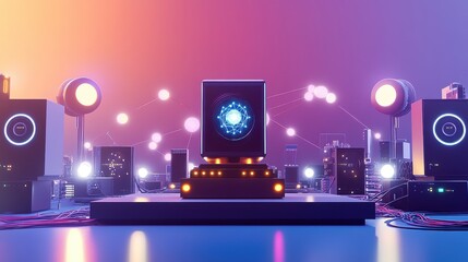 Poster - Futuristic technology setup featuring a central computing unit surrounded by servers and glowing lights.