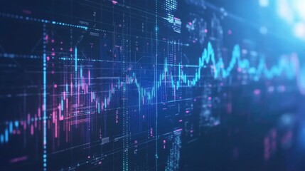 Poster - Abstract digital stock market graph in blue and pink tones, representing data analysis and financial growth.
