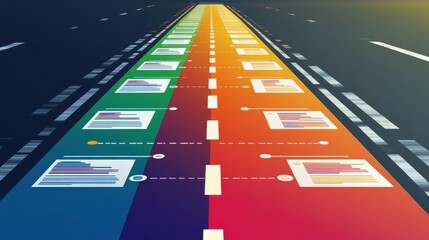 Poster - A visually striking digital road lined with colorful document icons, symbolizing progress and productivity in a creative workspace.