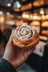 Wall Mural - Delicious cinnamon roll held by a hand in a cozy bakery setting with warm lighting and blurred background details