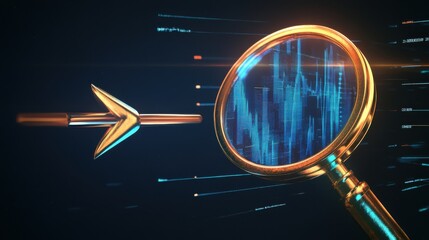 Poster - A golden magnifying glass focusing on digital data, illustrating analysis and technology in a futuristic setting.