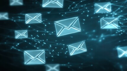 Fototapete - Digital floating email icons in a network of connections, symbolizing communication and technology.