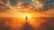 © afif - Silhouette of a cowboy riding a horse into a vibrant sunset.