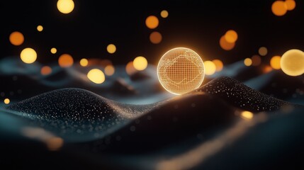Poster - Celestial Orbs on a 2D Landscape with Glowing Light Effects and Intricate Line Patterns Representing a Futuristic and Ethereal Atmosphere