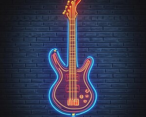 Poster - A vibrant neon sign of a guitar against a dark brick wall, perfect for music lovers and musicians.
