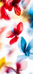 Poster - Blurred colorful shapes resembling butterflies fluttering across a white background, forming a vibrant and dynamic abstract composition filled with energy and elegance